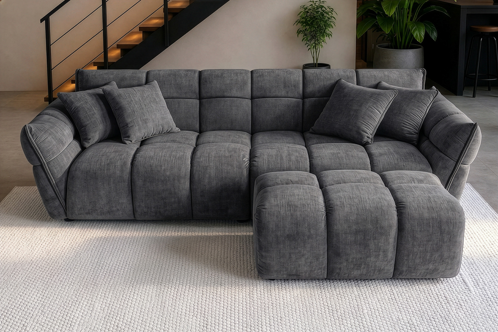 Moderner Hocker CLOUD 100cm grau Vogue Samtstoff Federkern Fußhocker Sitzhocker