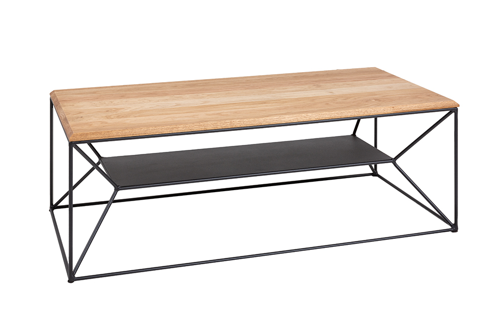 Massivholz Couchtisch ARCHITECTURE 110cm Eiche geölt schwarzes Metallgestell mit Ablage