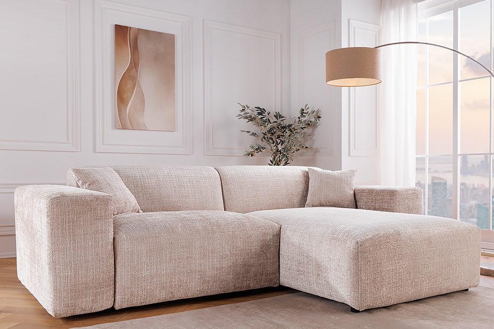 Modernes Ecksofa SIGNATUR 260cm beige Chenille Cremona beidseitig stellbar inkl. Kissen » Jetzt kaufen