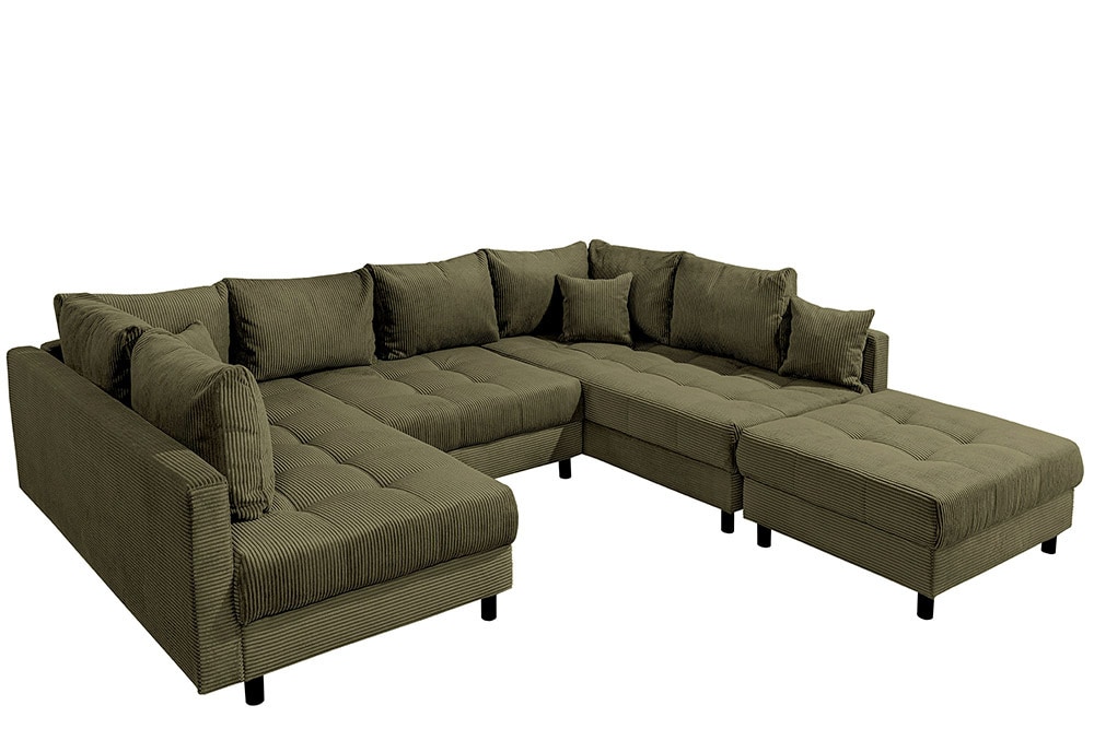 Moderne XXL Wohnlandschaft KENT 305cm grün Cord Bigsofa inkl. Hocker Federkern
