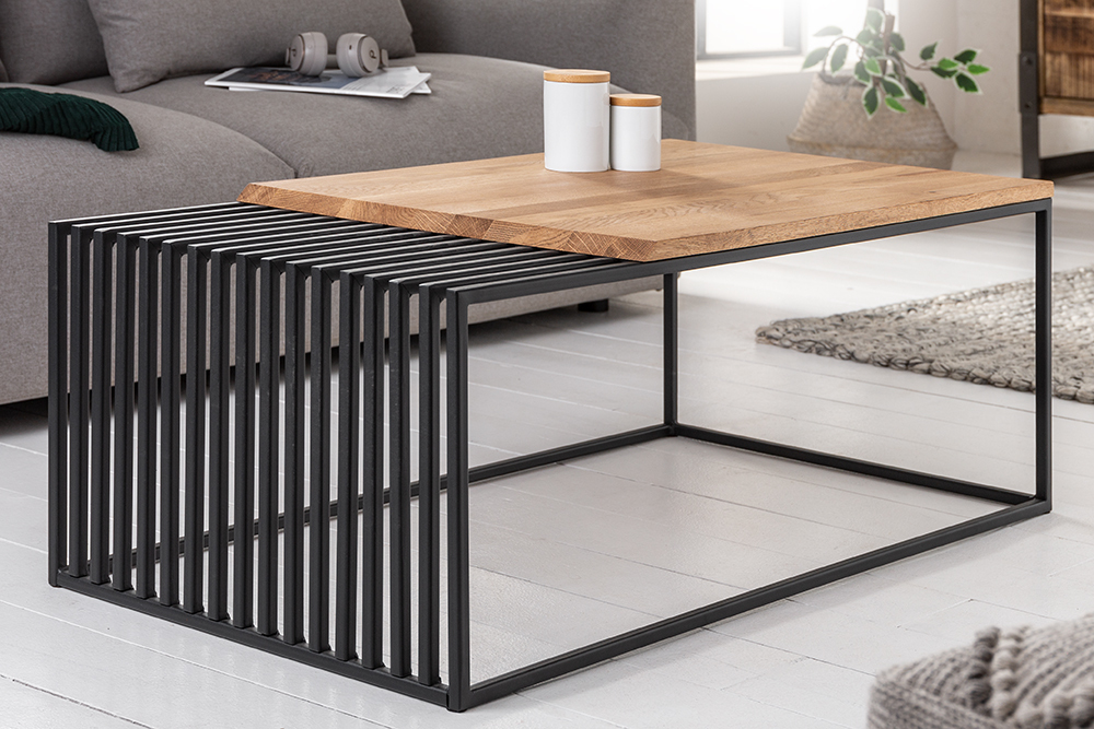 Massivholz Couchtisch ARCHITECTURE 100cm Eiche geölt schwarzes Metallgestell