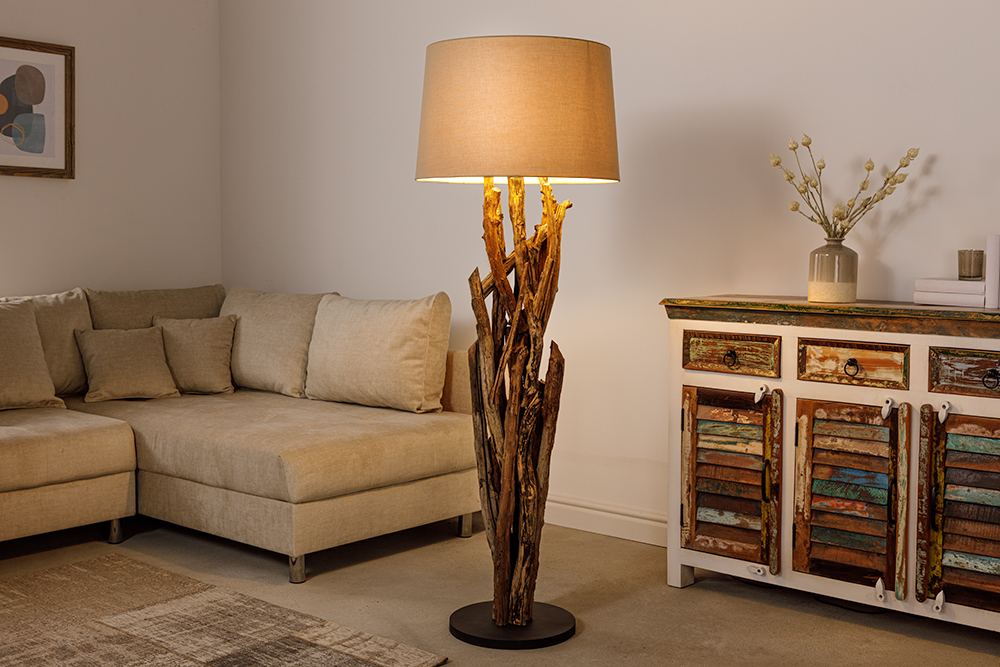 Handgefertigte Stehlampe WILD NATURE 158cm natur Treibholz Stehleuchte Leinenschirm