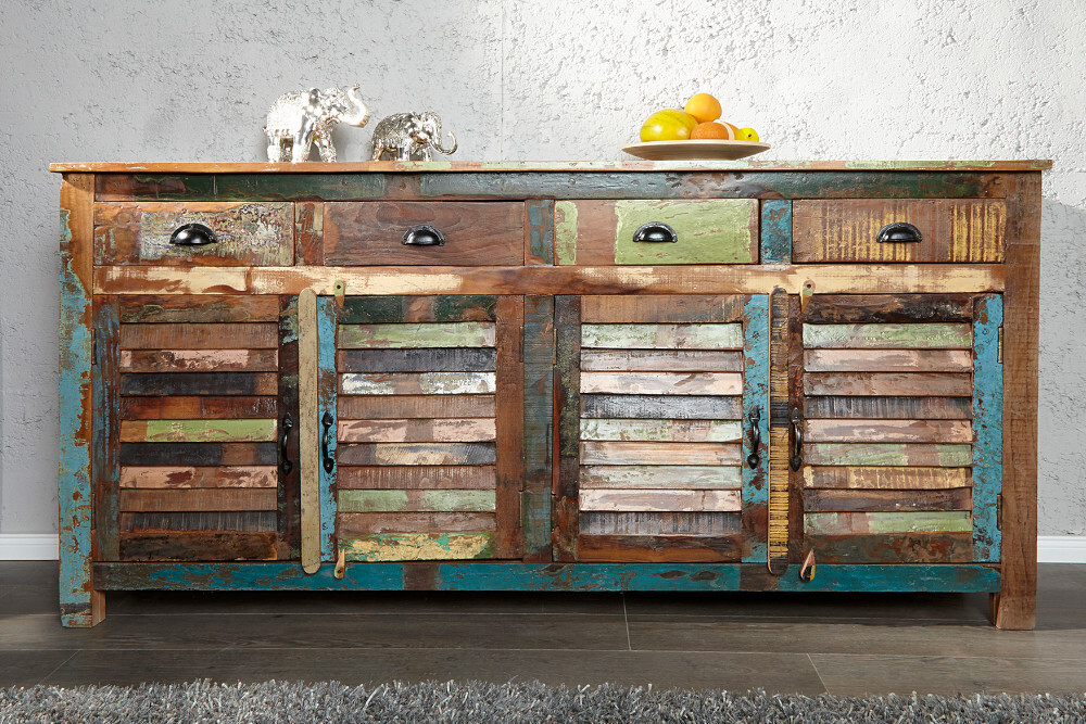 Einzigartiges Sideboard JAKARTA 160cm bunt recyceltes Massivholz aus Fischerbooten