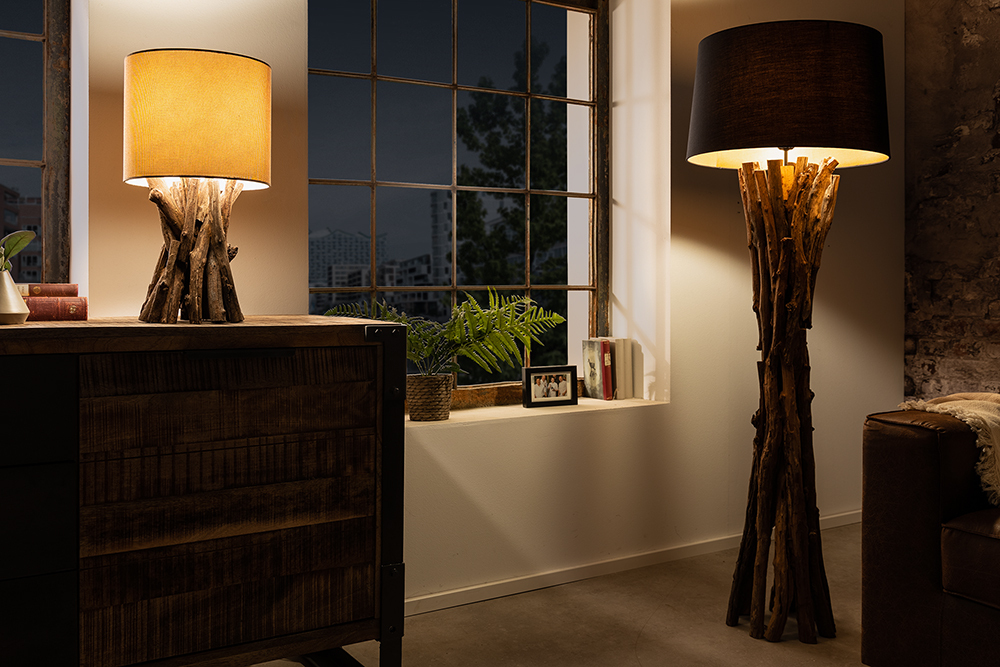 Massivholz Tischlampe HARMONY NATURE 50cm beige Teak mit Leinenschirm