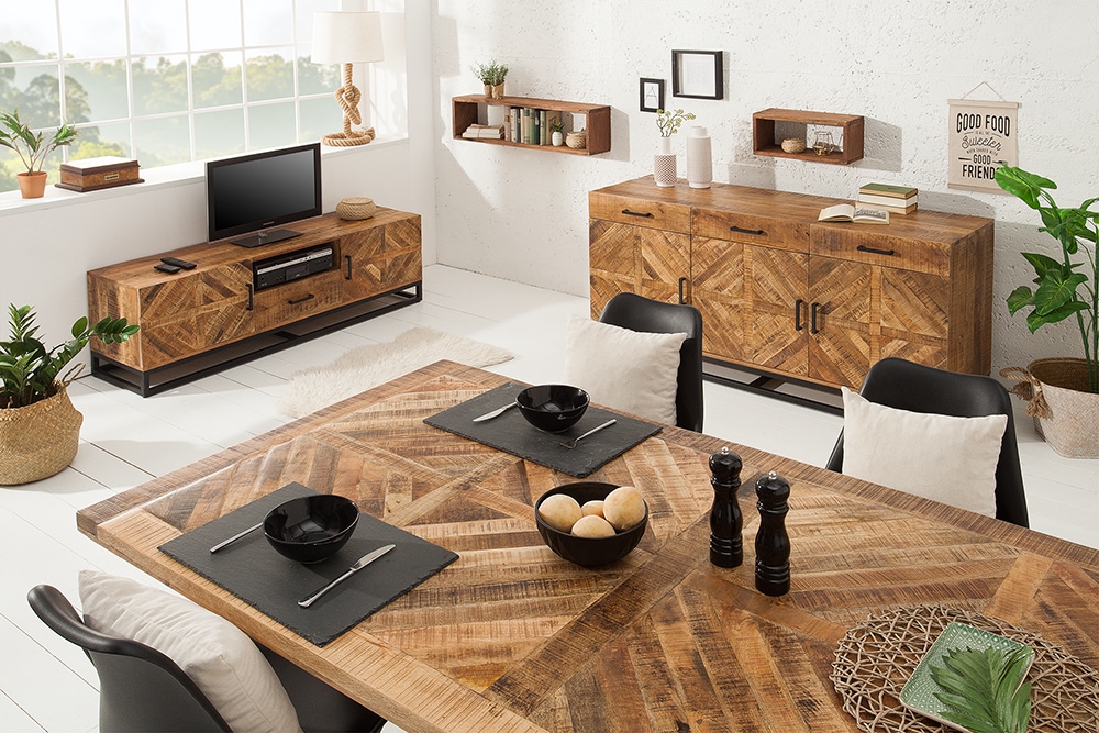 Massiver Esstisch INFINITY HOME 200cm natur schwarz Mangoholz Industrial Design X-Gestell