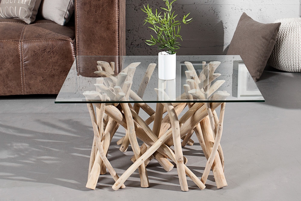 Design Teakholz Couchtisch DRIFTWOOD 80cm mit Glasplatte eckig