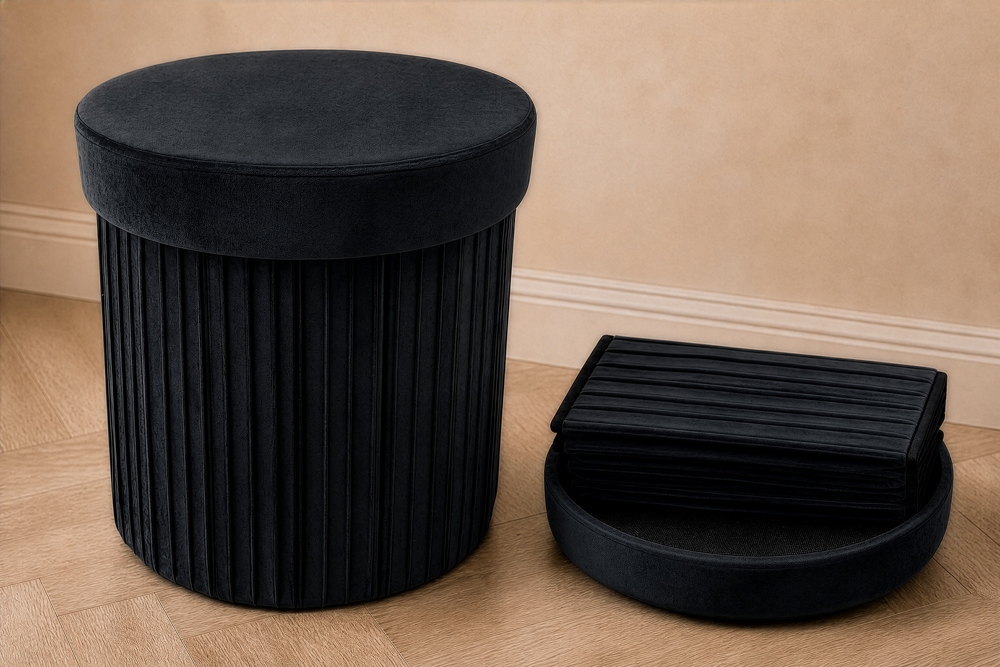 Runder Hocker ÉLAN 40cm schwarz Samt faltbar mit Stauraum