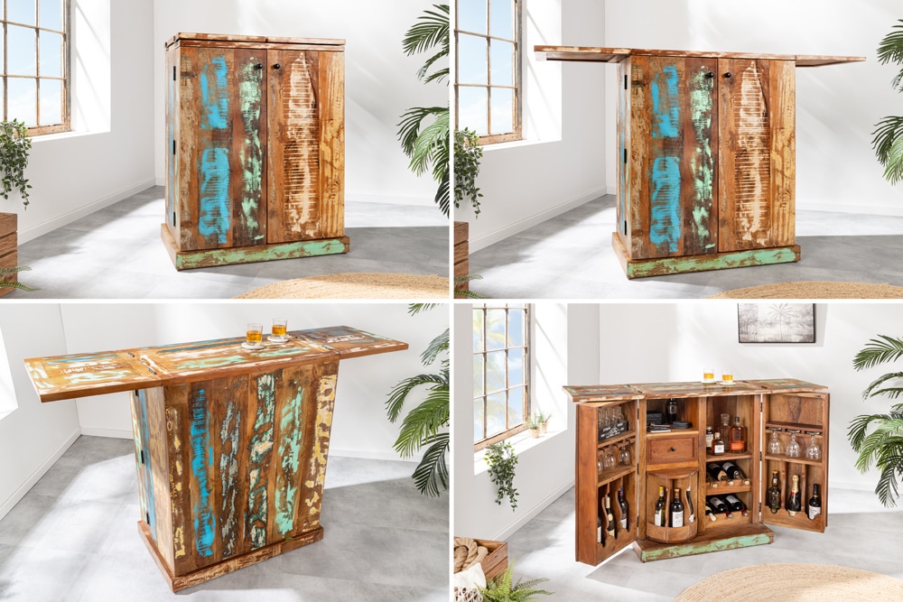 Einzigartiger Barschrank JAKARTA 100cm natur bunt recyceltes Massivholz aus Fischerbooten