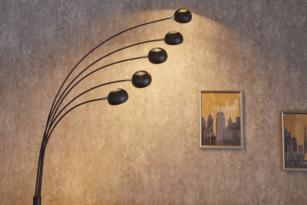 Design Bogenlampe FIVE LIGHTS 210cm schwarz gold Stehlampe mit Marmorfuß
