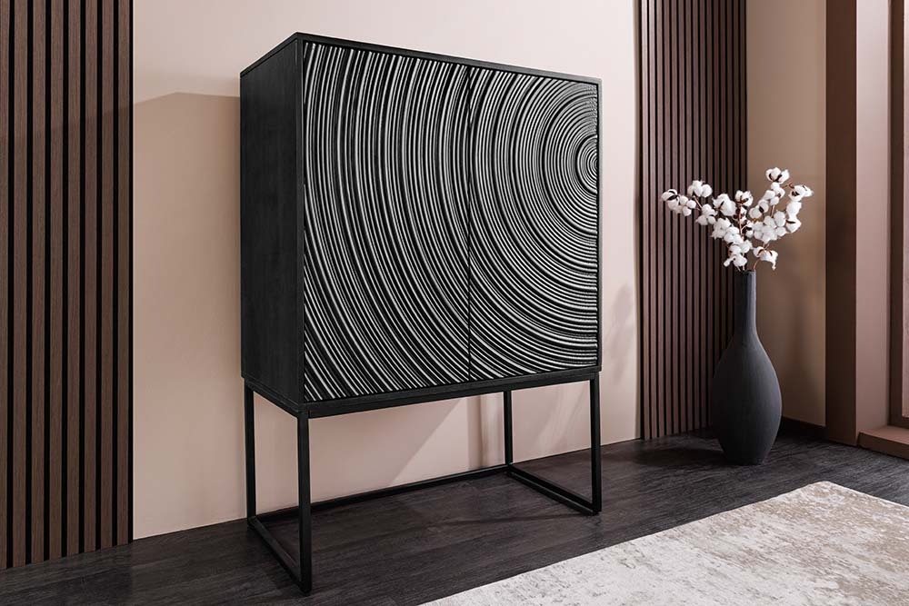 Design Highboard ORBIT 120cm schwarz Mangoholz mit 3D-Front Metall
