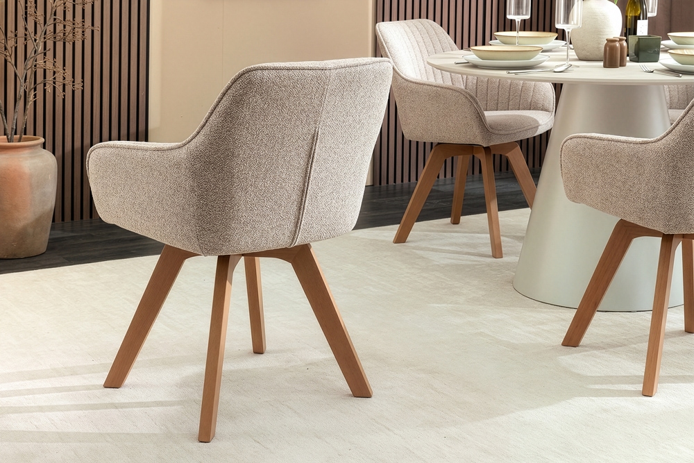 Design Stuhl LIVORNO beige Strukturstoff Massivholzbeine drehbar Auto-Return-Funktion