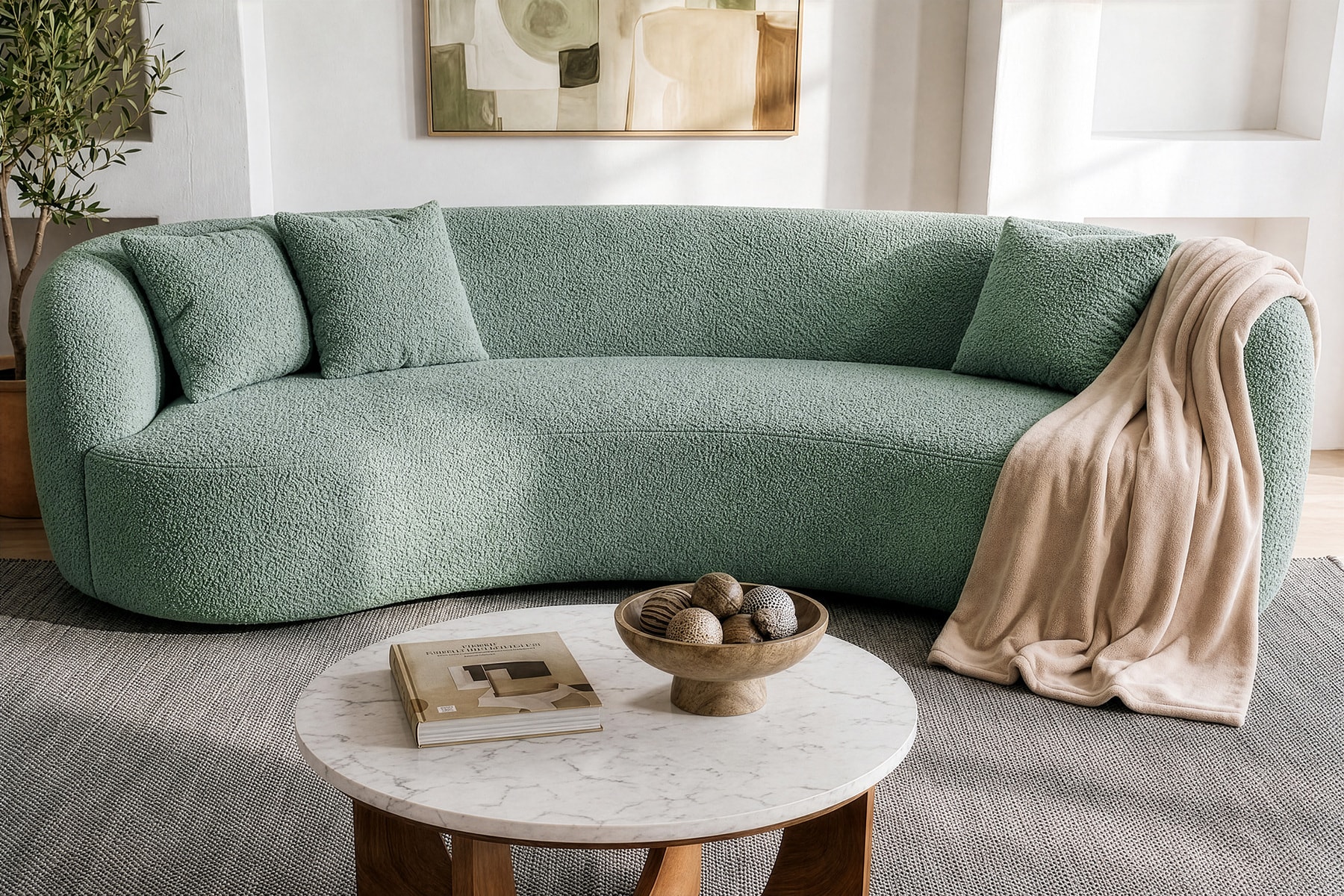 Organisches Sofa ATELIER 230cm salbei Bouclé 3-Sitzer Couch inkl. Kissen