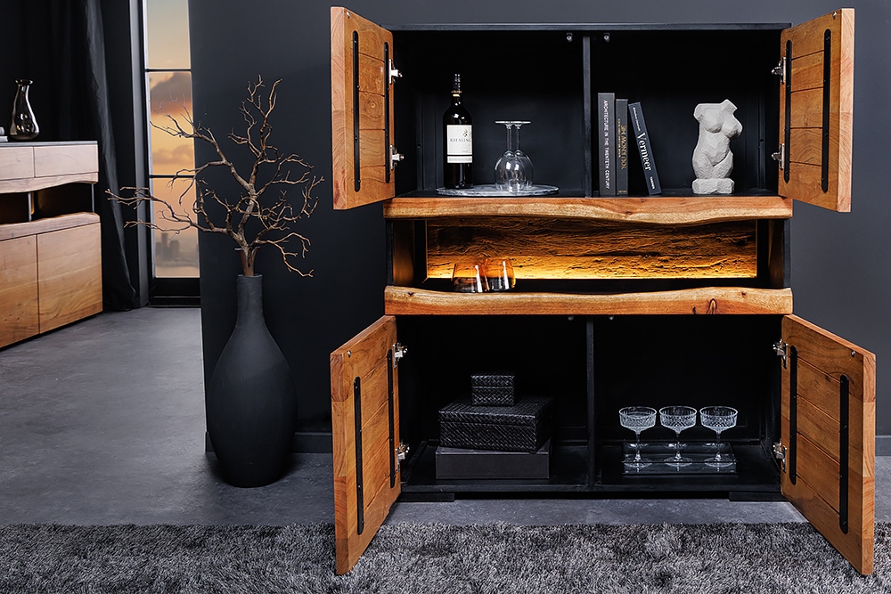 Massivholz Highboard GRAND ACACIA 120cm braun Akazie mit LED-Beleuchtung Baumkante