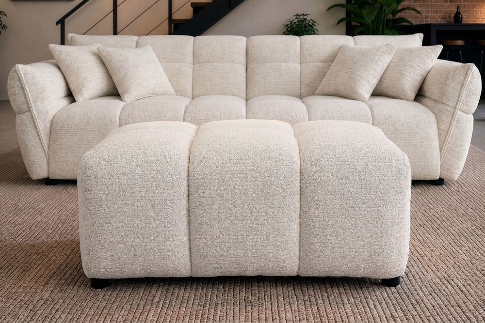 Moderner Hocker CLOUD 100cm beige Bouclé Tweed Soft Federkern Fußhocker Sitzhocker