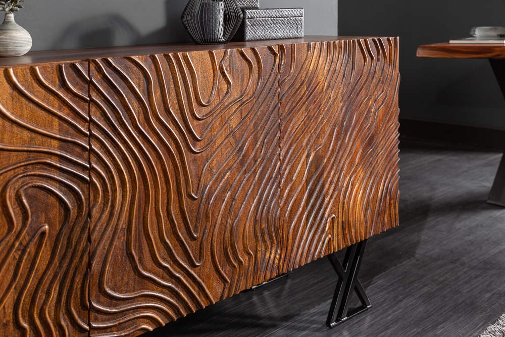 Handgearbeitetes Sideboard FLUID 160cm Mangoholz mit aufwendigen 3D Schnitzereien