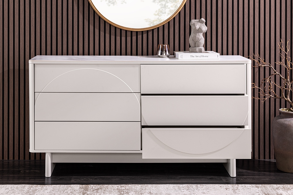 Design Sideboard SAVOY 150cm kaschmir weiß Marmor Keramik mit sechs Schubladen