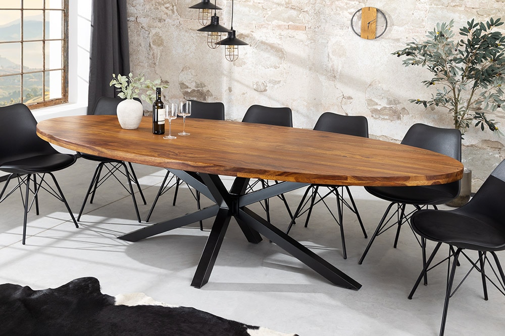Massiver Esstisch GALAXIE 240cm natur Sheeshamholz oval Sterngestell schwarz