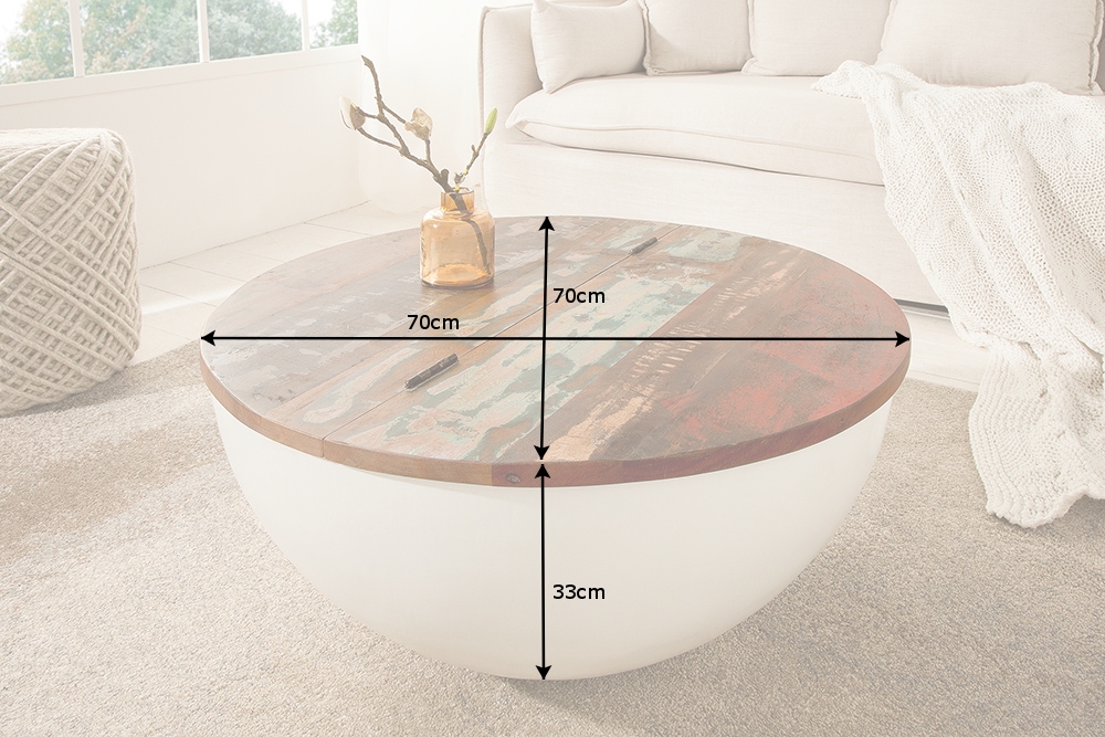 Design Couchtisch JAKARTA 70cm weiß Massivholz rund aus recycelten Fischerbooten mit Stauraum