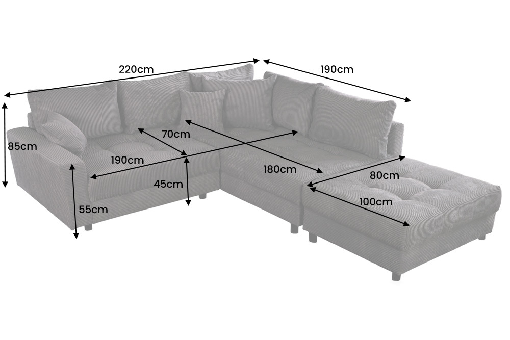 Modernes Ecksofa KENT 220cm beige Cord inkl. Hocker Federkern L-Form Wohnlandschaft