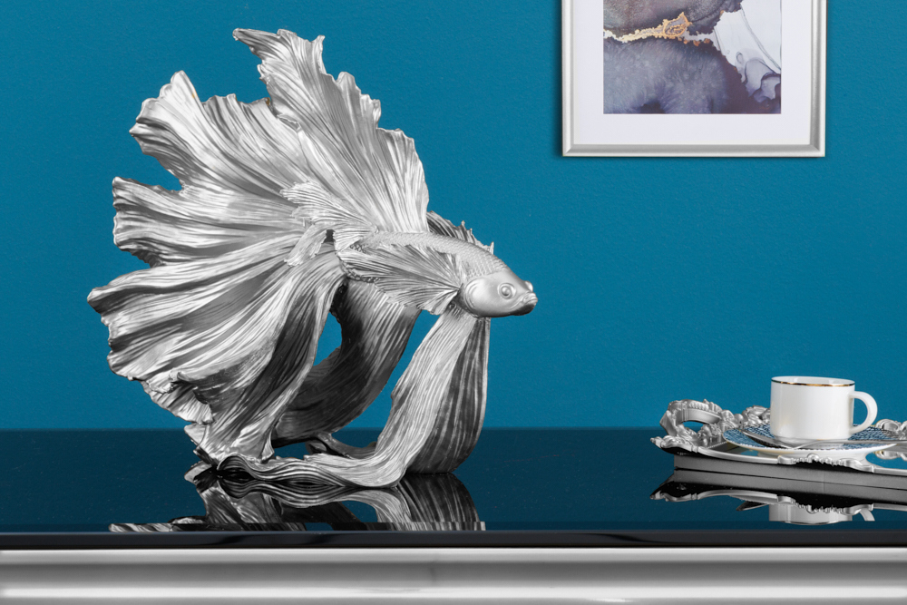 Design Deko Figur Kampffisch CROWNTAIL 35cm silber Betta Fisch Skulptur