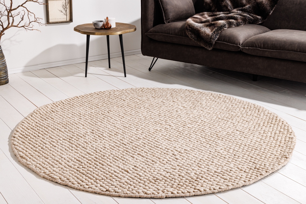 Design Teppich WOOL 150cm beige rund Wolle Handarbeit