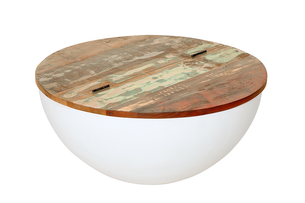 Design Couchtisch JAKARTA 70cm weiß Massivholz rund aus recycelten Fischerbooten mit Stauraum