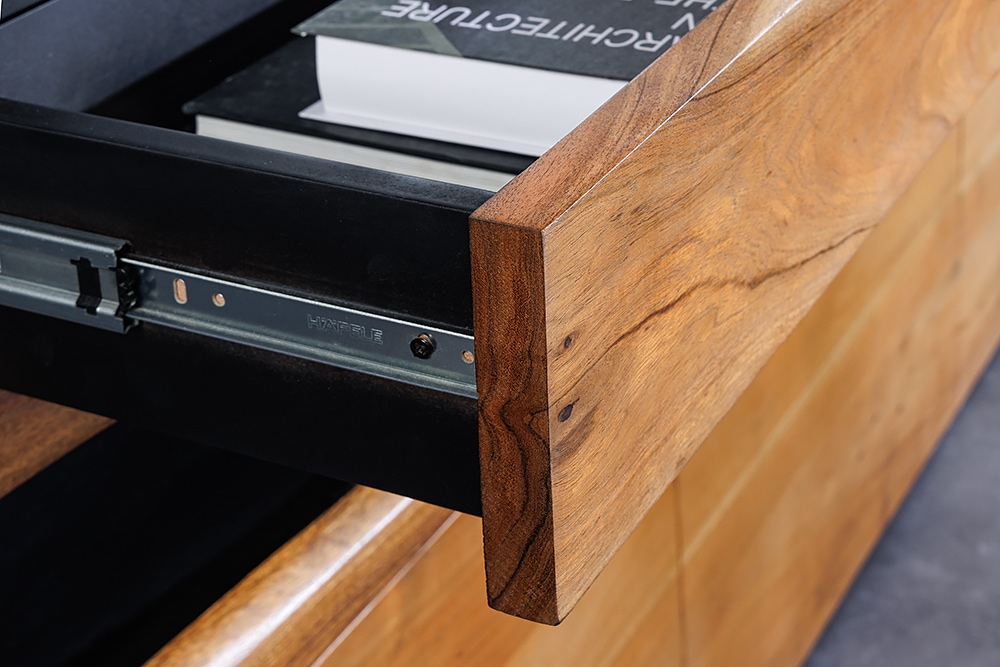 Massivholz Sideboard GRAND ACACIA 180cm braun Akazie mit LED-Beleuchtung Baumkante
