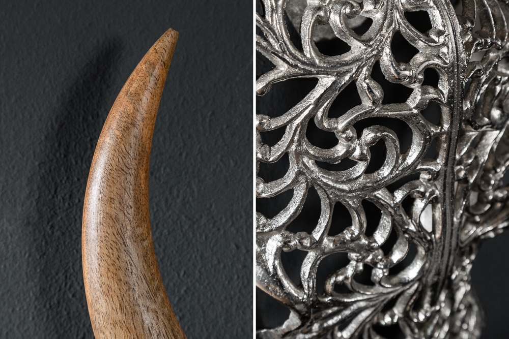 Extravagante Wanddekoration EXOTIC BULL 60cm silber Mangoholz Stierkopf