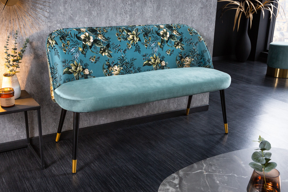 Design Bank PRÊT-À-PORTER türkis Samt florales Muster und goldene Fußkappen