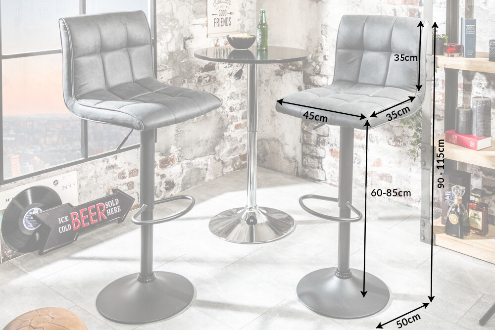 Höhenverstellbarer Barhocker MODENA vintage grau Microfaser Metall schwarz mit Lehne drehbar