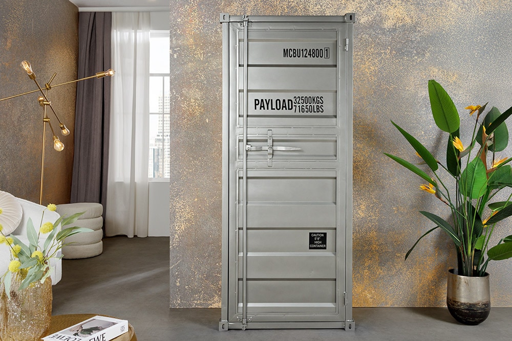 Design Aktenschrank GLOBETROTTER 180cm grau Eisen Container Upcycling Highboard