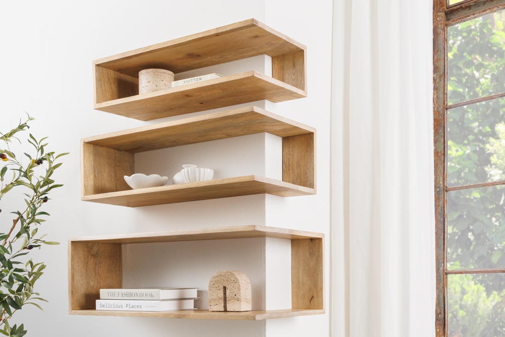 Massives 3er Set Wandregale SURREAL 65cm natur Außenecke Mangoholz