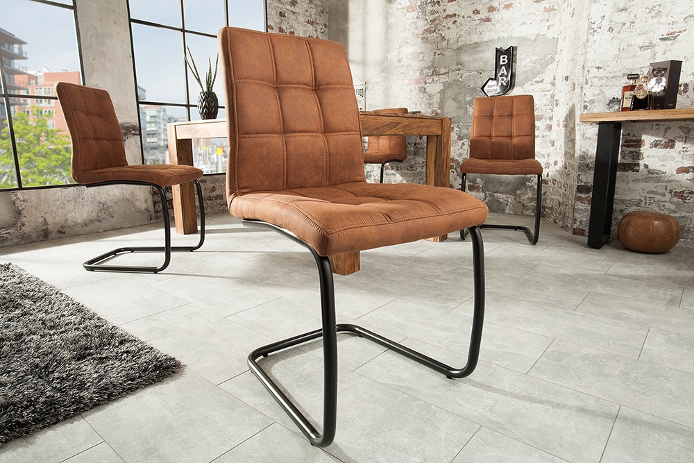 Industrial Freischwinger Stuhl MODENA hellbraun mit Ziersteppung