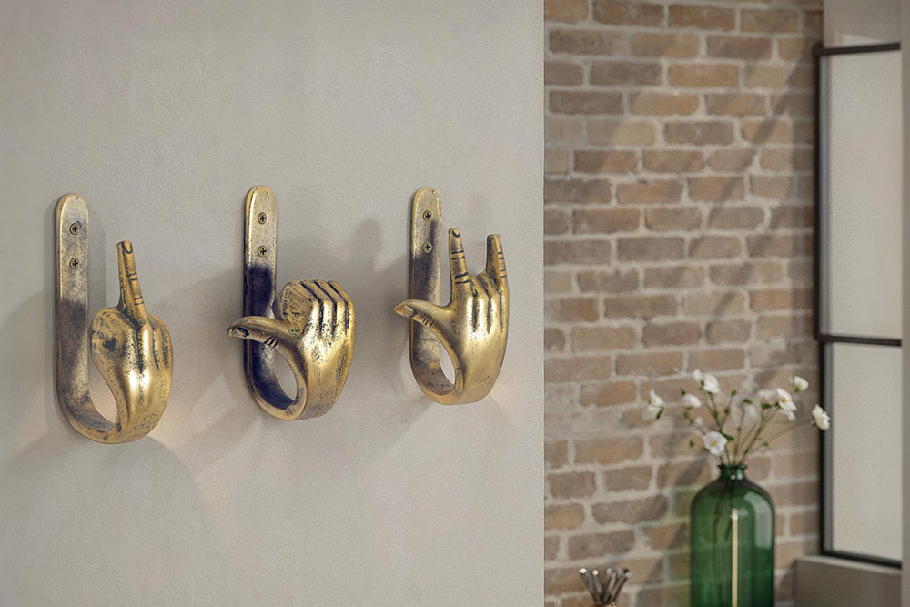 Extravagantes 3er Set Kleiderhaken FINGERS messing Metall-Aluminium Wandgarderobe