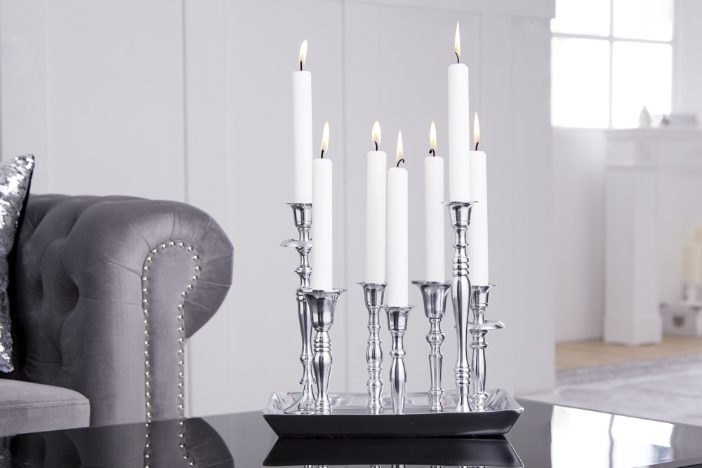 Kerzenständer MODERN BAROCK 30cm 7-flammig silber Aluminium poliert Kerzenhalter Deko-Platte