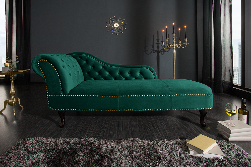 Design Récamière CHESTERFIELD 170cm smaragdgrün Samt Knopfheftung Nietenbesatz