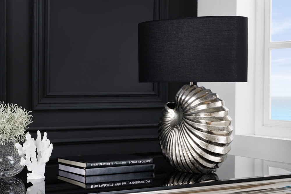 Design Tischlampe SHELL 60cm silber schwarz Metall Stoffschirm maritim
