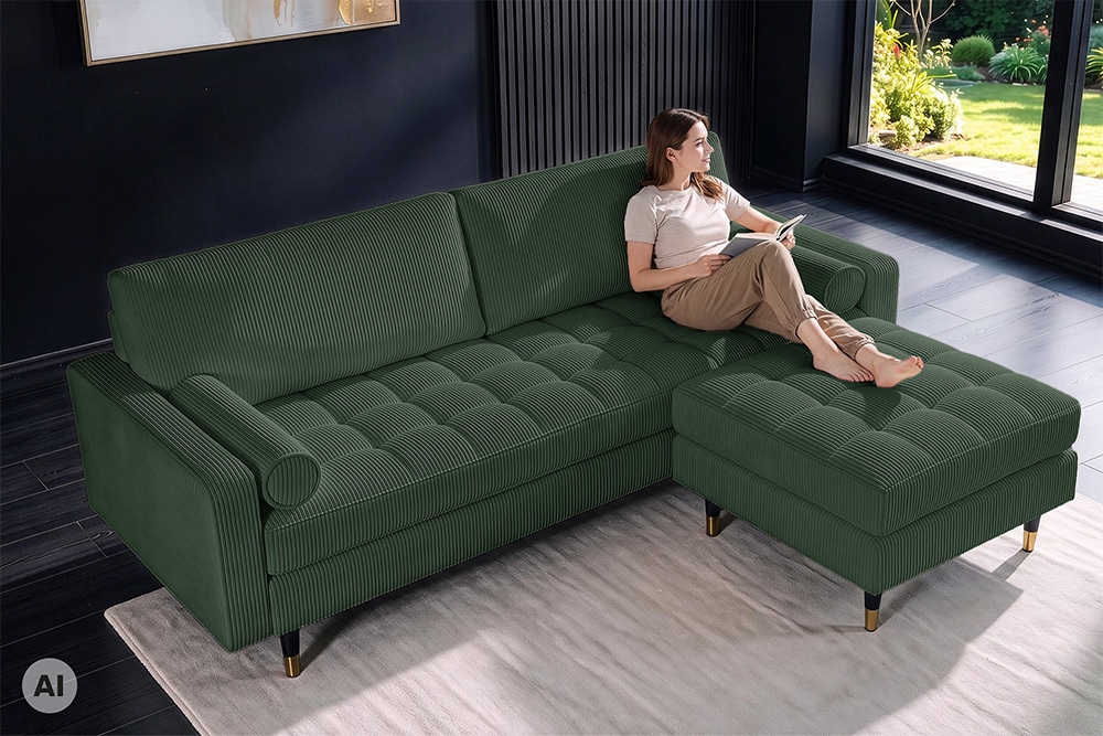 3er Sofa COZY VELVET 220cm grün Cord schwarze Füße mit goldener Kappe