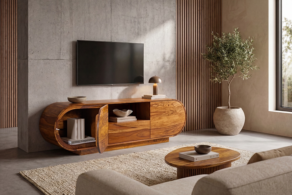 Massives TV-Board ORGANIKO 160cm braun Sheeshamholz stone finish ovales Lowboard