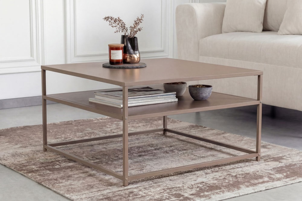Moderner Couchtisch DURA STEEL 70cm greige Metall mit Ablagefach