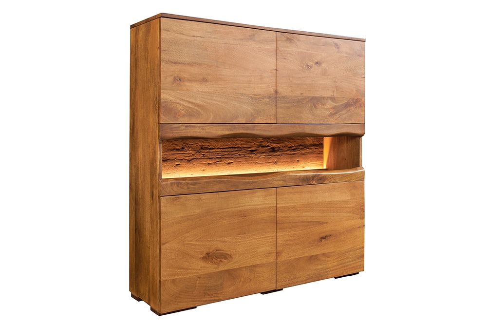 Massives Highboard GRAND 120cm braun Mangoholz mit LED-Beleuchtung