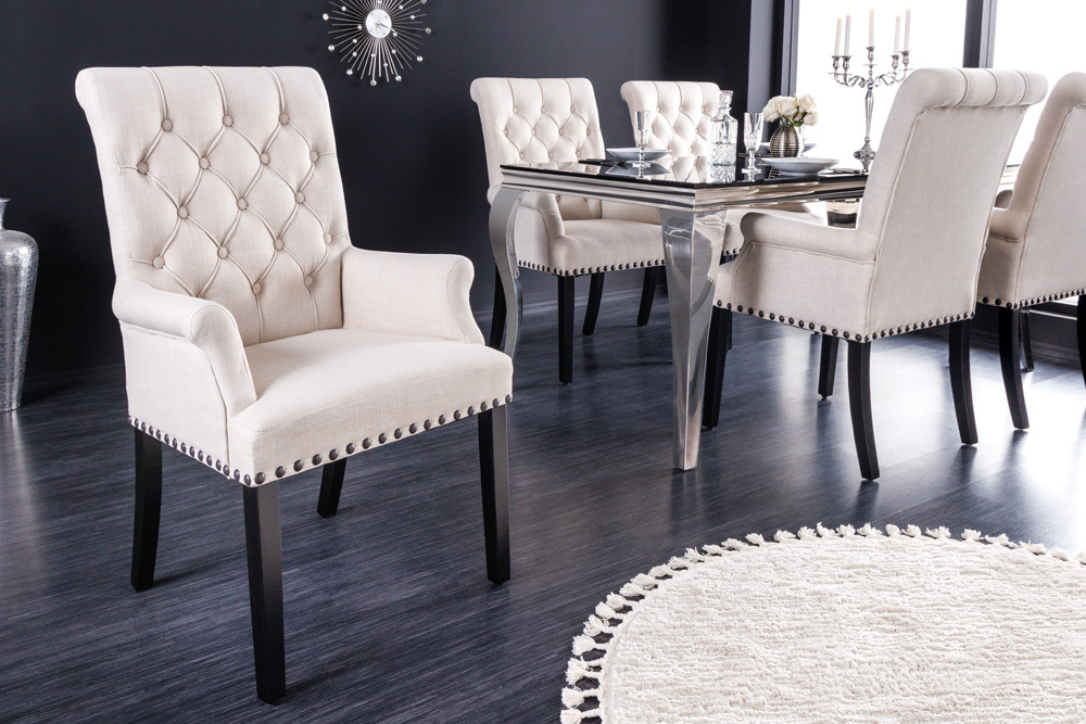 Design Stuhl CASTLE beige schwarz Strukturstoff Armlehnen Holzfüße