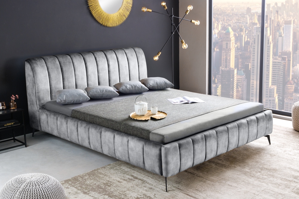 Retro Bett AMSTERDAM 160x200cm grau Samt schwarz Metall Polsterbett