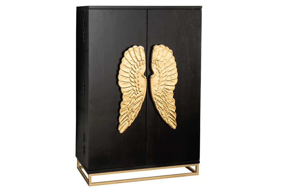 Extravaganter Barschrank ANGEL 140cm schwarz Mangoholz mit goldenen Flügeln