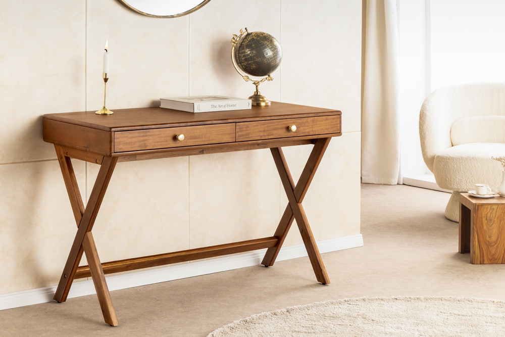 Stilvoller Konsolentisch SECRETARIO 110cm braun Akazie gold mit Schubladen