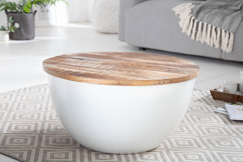 Runder Couchtisch INDUSTRIAL STORAGE 60cm weiß natur Mangoholz mit Stauraum handmade