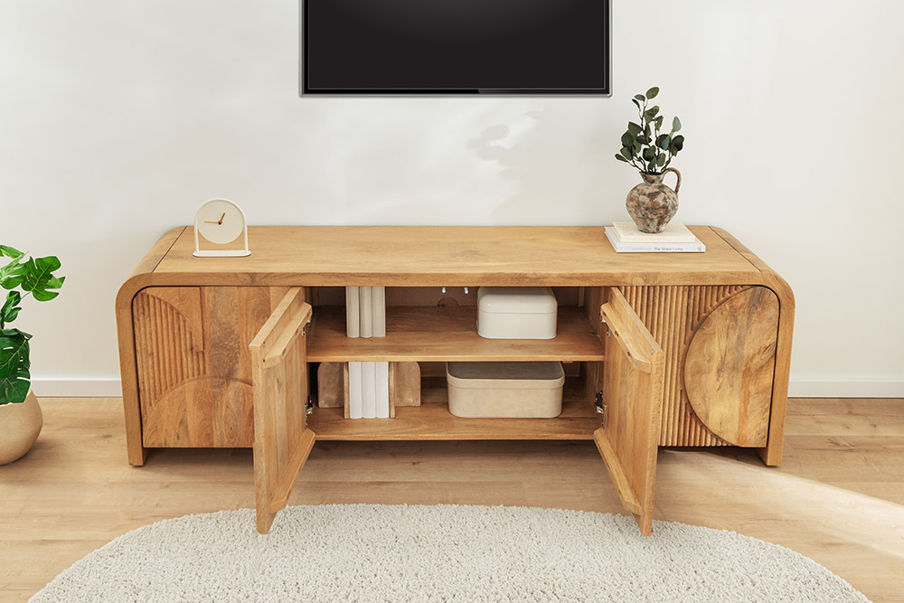 Massives TV-Board ART DECO 170cm cream finish beige Mangoholz abgerundet