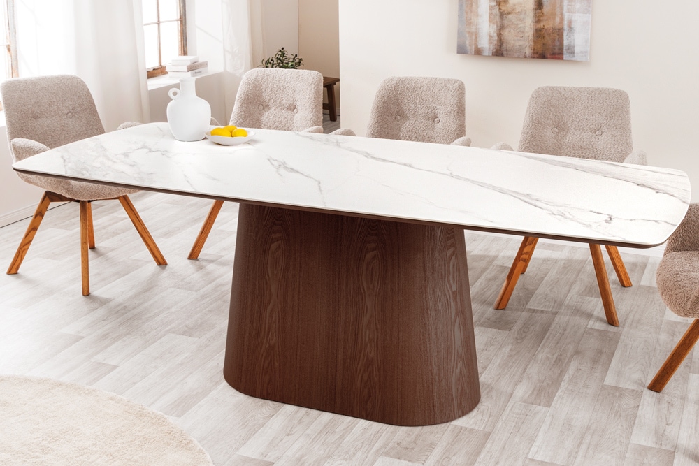 Design Esstisch UNIQUE 200cm weiß Walnuss Keramik Marmor Säulenfuß