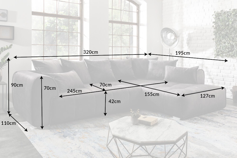 Modernes XXL Ecksofa CLAN 320cm anthrazit Samt Bigsofa inkl. Kissen