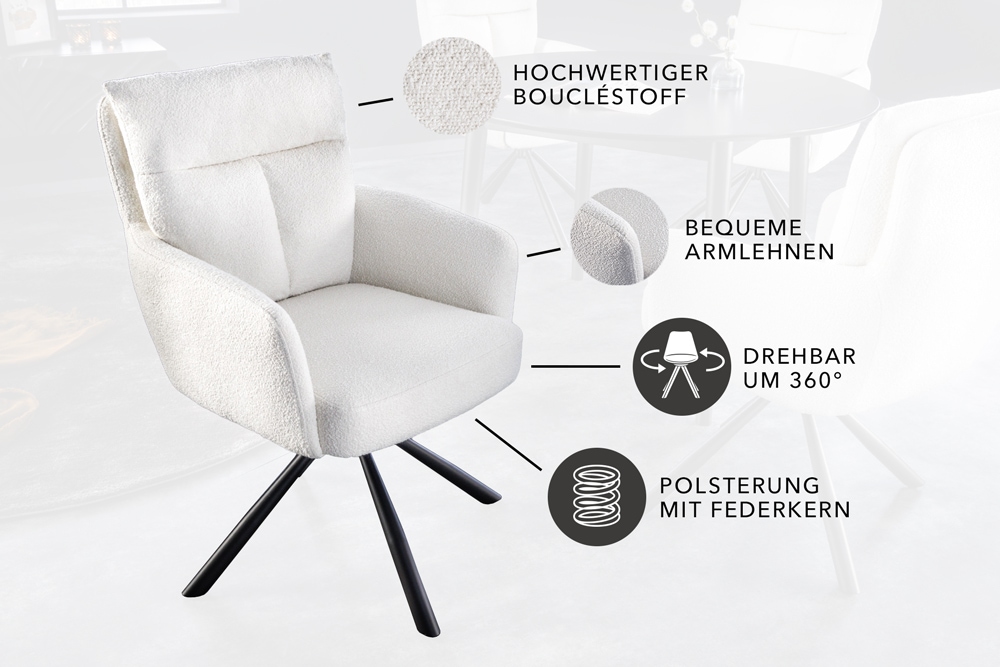 Drehbarer Retro Stuhl BIG GEORGE weiß Bouclé mit Armlehne Taschenfederkern